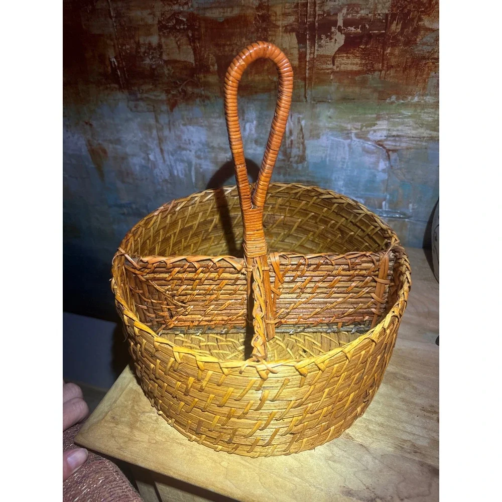 Pottery Barn Naturals Hand Woven Rattan Utensil Caddy Round Silverware Organizer